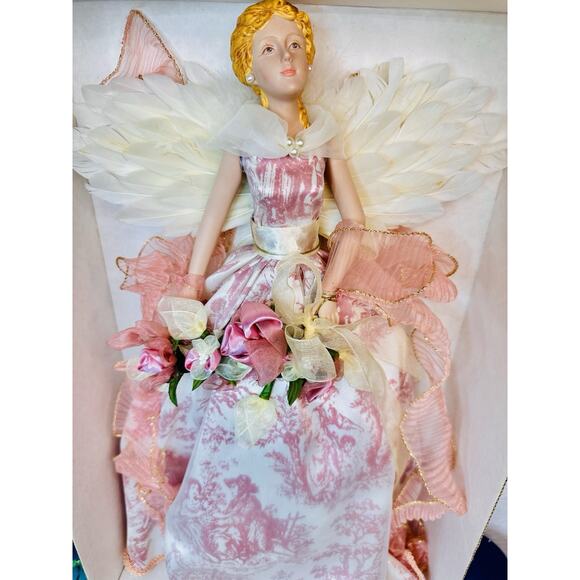 Vintage Pink Angel Tree Topper Porcelain Face And Hands With Feather Wings - Picture 1 of 8